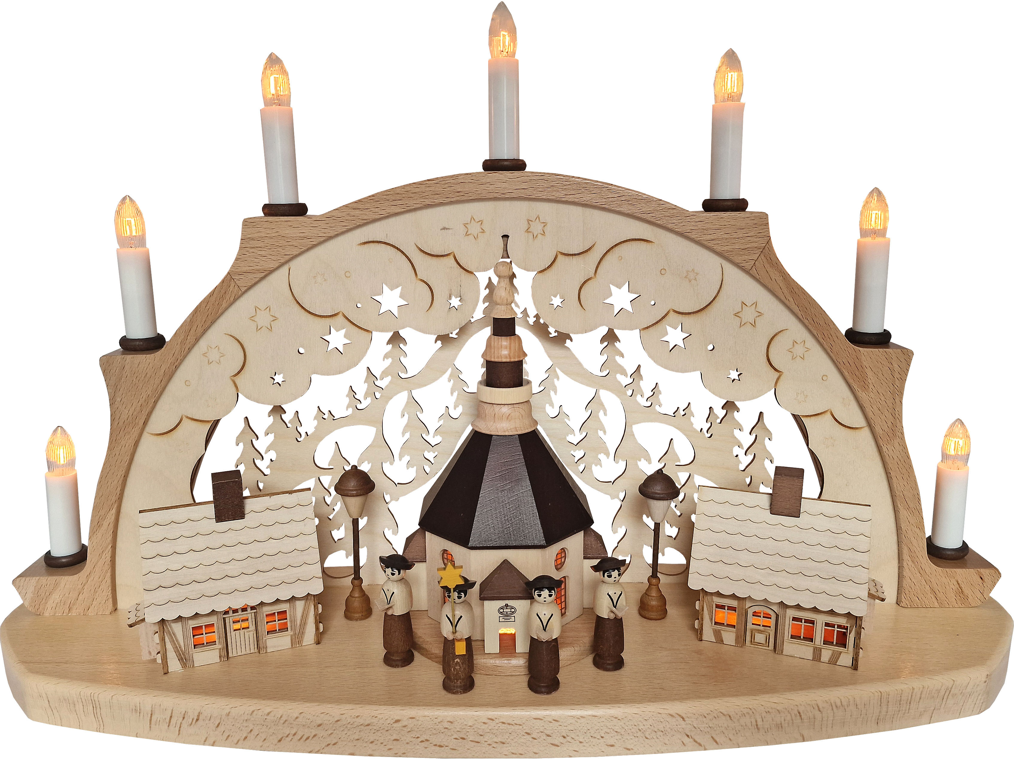 Zeidler Schwibbogen Seiffener Kirche, beleuchtete Häuser 53cm