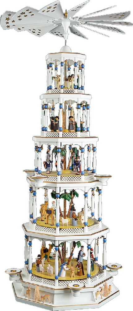 Richard Gläser Weihnachtspyramide Christi Geburt 5stöckig mit Spielwerk weiß