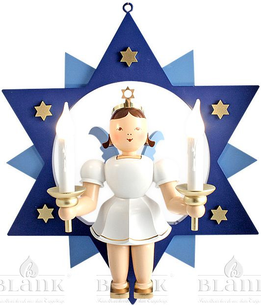 Blank Engel im Stern mit elektrischer Beleuchtung, 30 cm - farbig