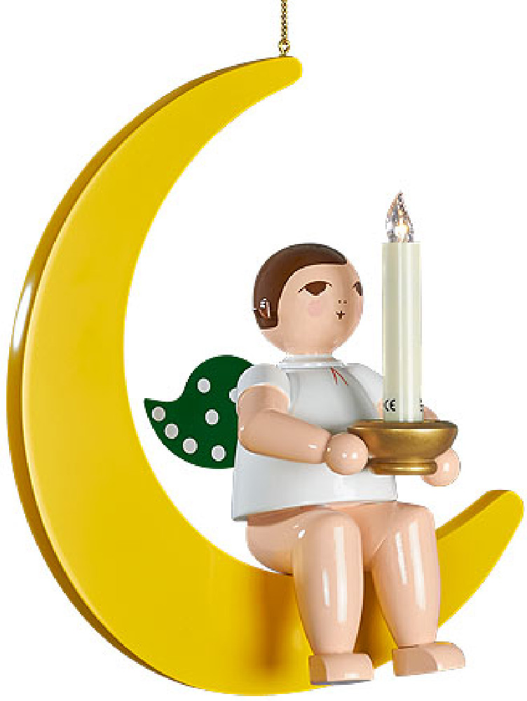 large angel on the moon with spout for wax candles or LED lighting - hanging, without crown