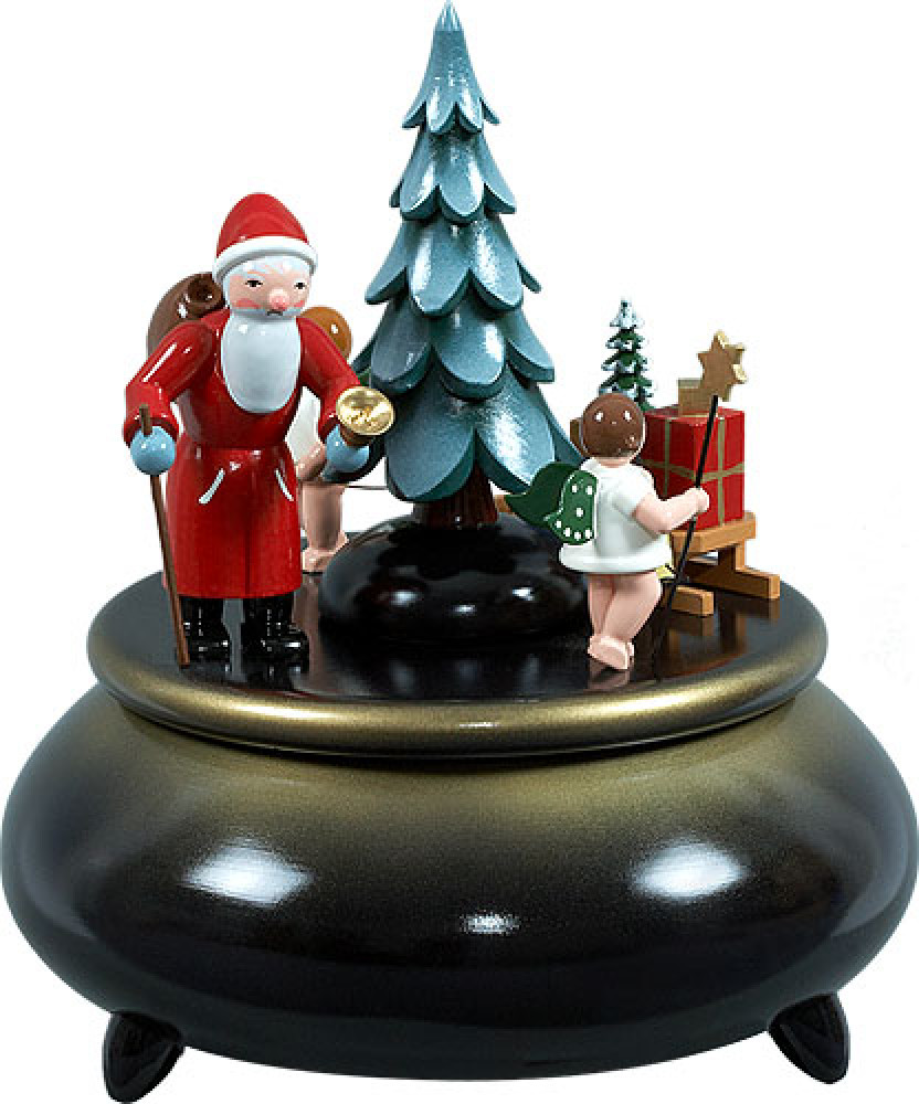 Ellmann Spieldose - Weihnachtsmann, 2 Engel mit Schlitten blau-gold