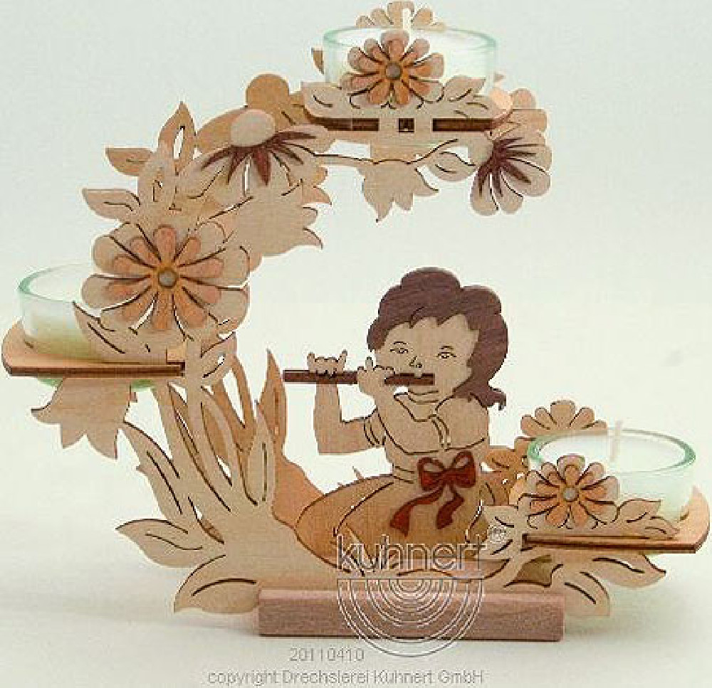 candle holder flower wreath with flute playing girl