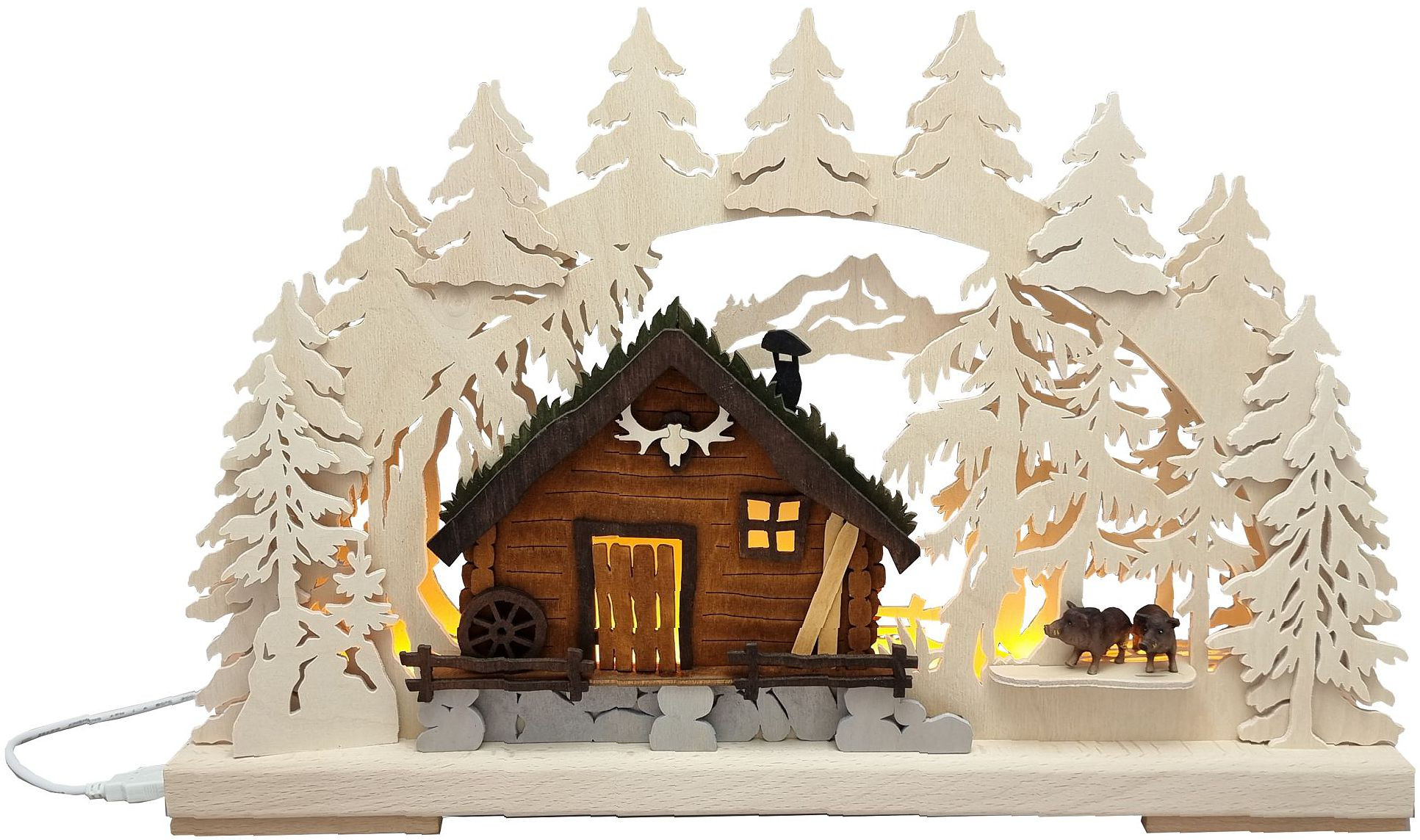 Ratags Holzdesign 3D-Schwibbogen Jagdhütte im Wald, klein