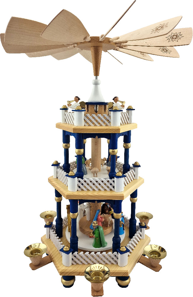 Richard Glässer Weihnachtspyramide Christi Geburt, 2-stöckig, blau