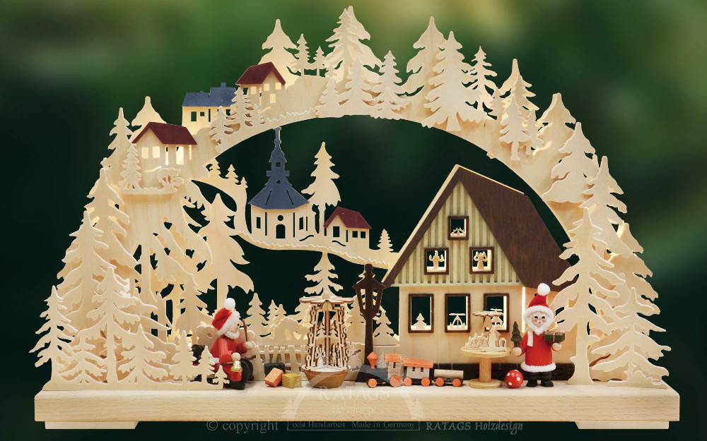Ratags 3D-Schwibbogen Weihnachtsmannwerkstatt, rote Figuren, klein