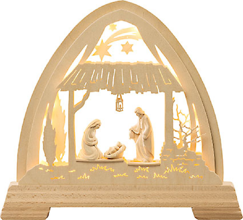 Taulin kleiner gotischer Bogen Stall mit Figuren natur, LED-Band