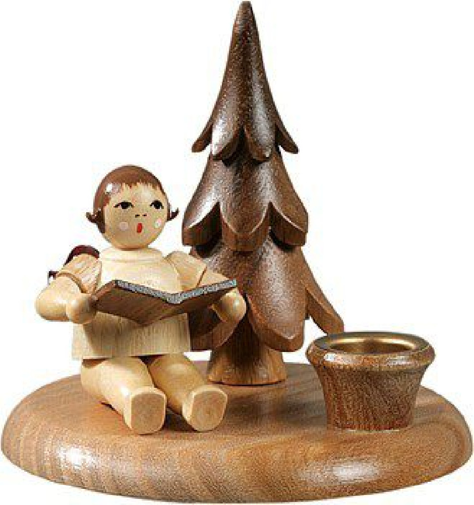 Candlestick with little tree - Musician angel sitting / natural without-crown