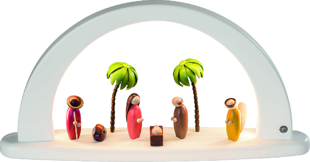 Kleinkunst Müller Moderner Lichterbogen weiß, Christi Geburt, farbig-lackiert
