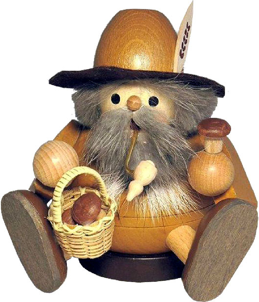 spheric incense smoker, wood gnome with mushrooms, sitting
