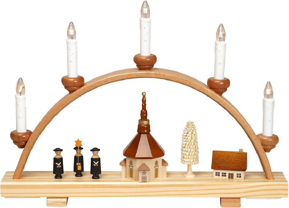 Zeitler Schwibbogen, mit Seiffener Kirche u. Kurrende klein, elek. bel., 5 Kerzen