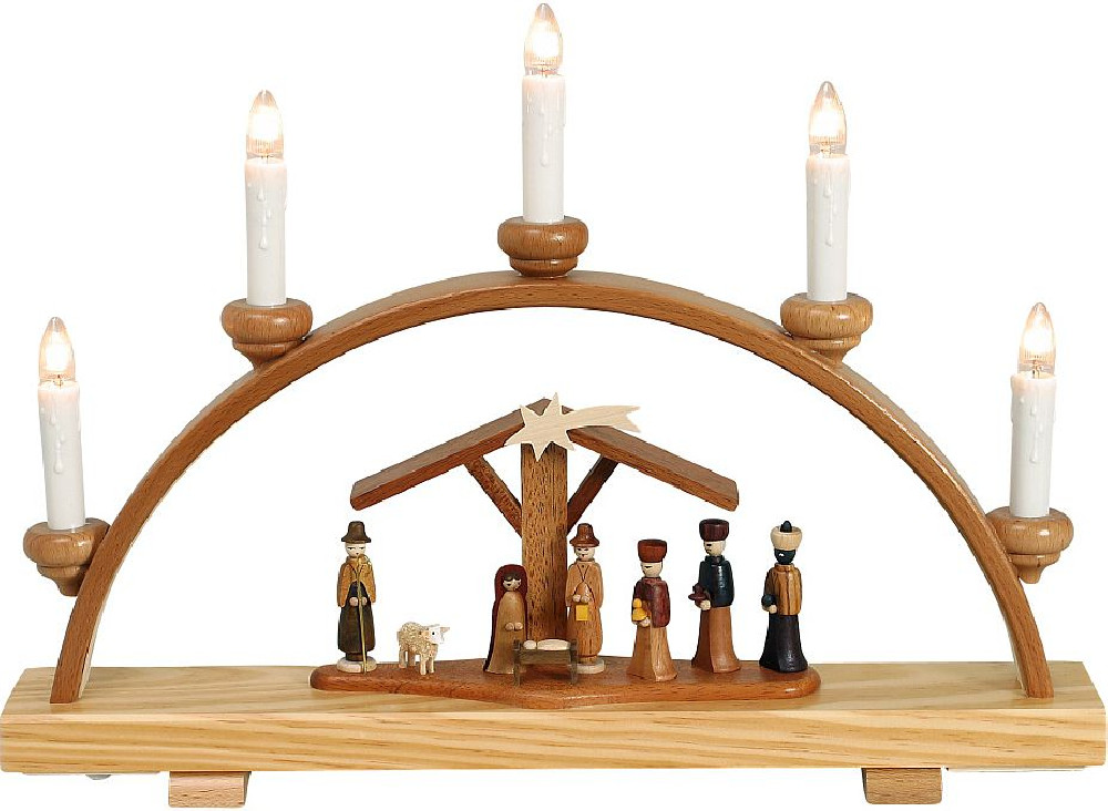 Zeidler Schwibbogen mit Christi Geburt klein, elektr. bel., 5 Kerzen
