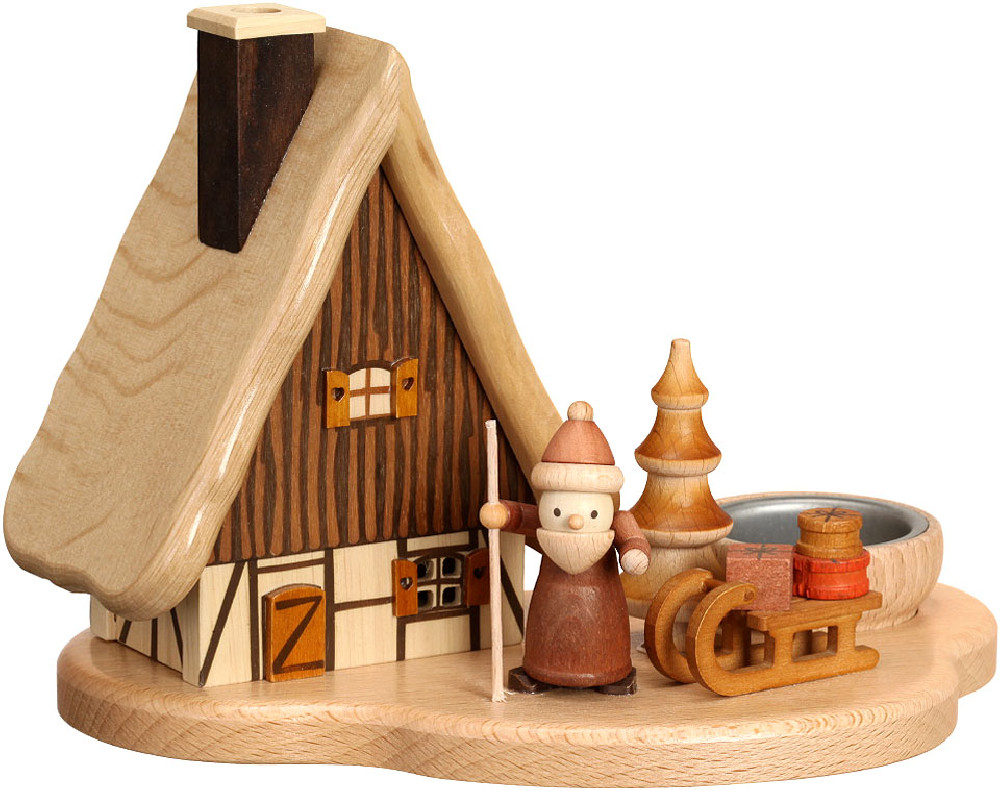 tealight holder - smoker house with Santa Claus, natural