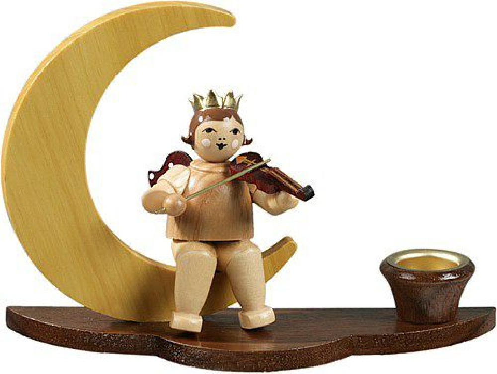 Candlestick - Musician angel on moon / natural with-crown